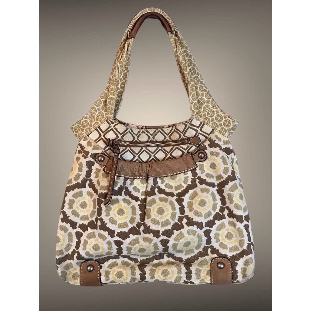 VTG Fossil Original Brand Brown Floral Print Canvas Satchel Purse Shopper Bag